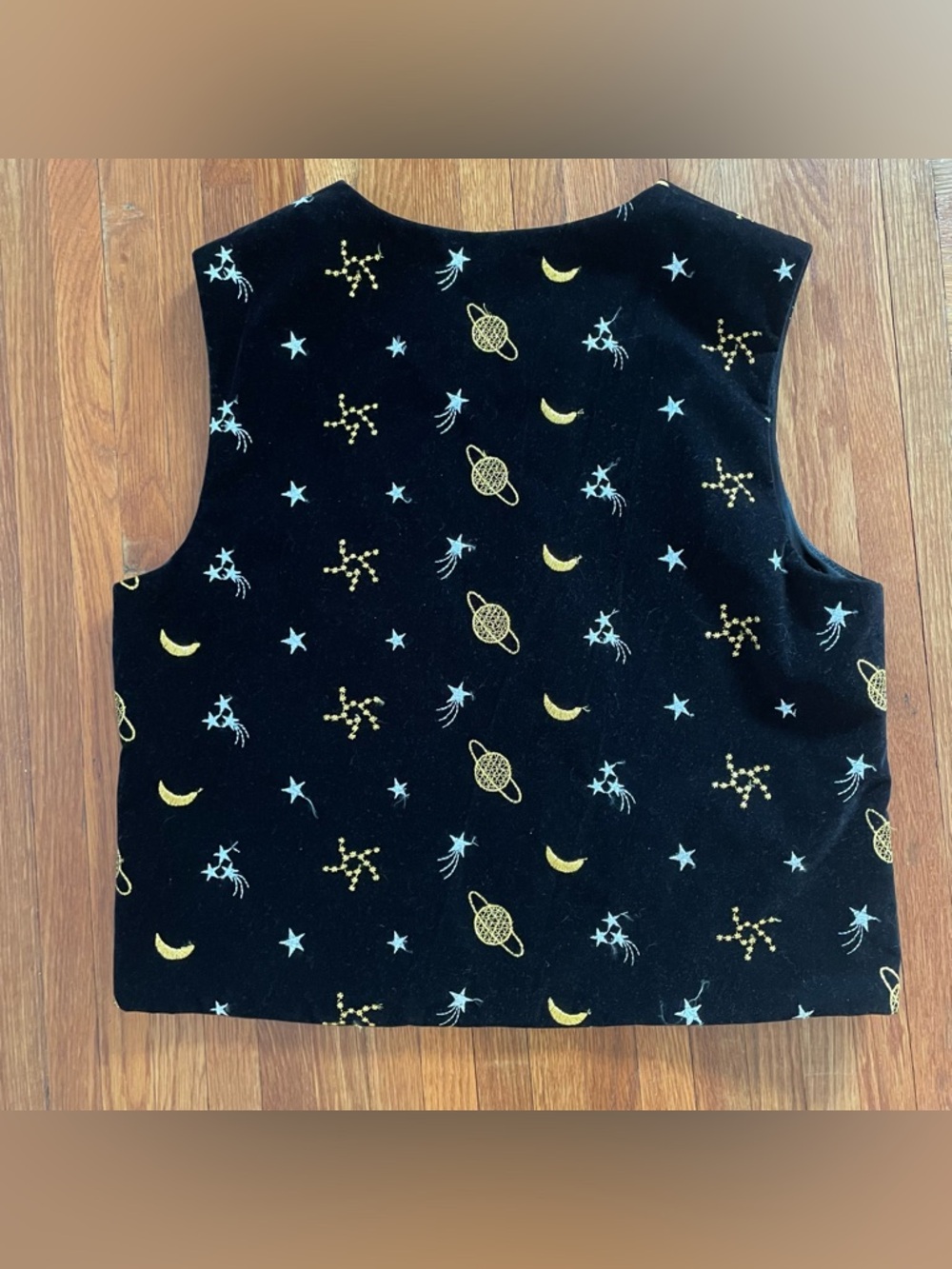 Vintage Celestial Embroidered Velvet Vest - Moon Saturn Stars Black & Gold - Picture 6 of 6